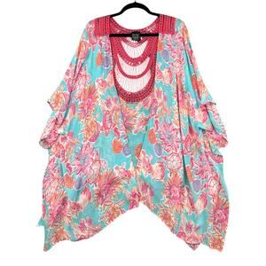 Charlie Paige Tropical Crochet Neckline Open Batwing Sleeves Kimono Beach OS
